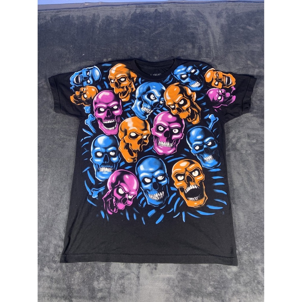 Liquid Blue Skull Pile T-Shirt Men L Black All Over Print AOP Cotton Graphic Tee